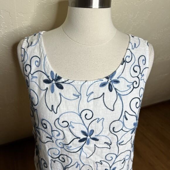 Luca Vanucci Top Womens Small Linen White Blue Floral Stitching Sleeveless - Picture 3 of 8